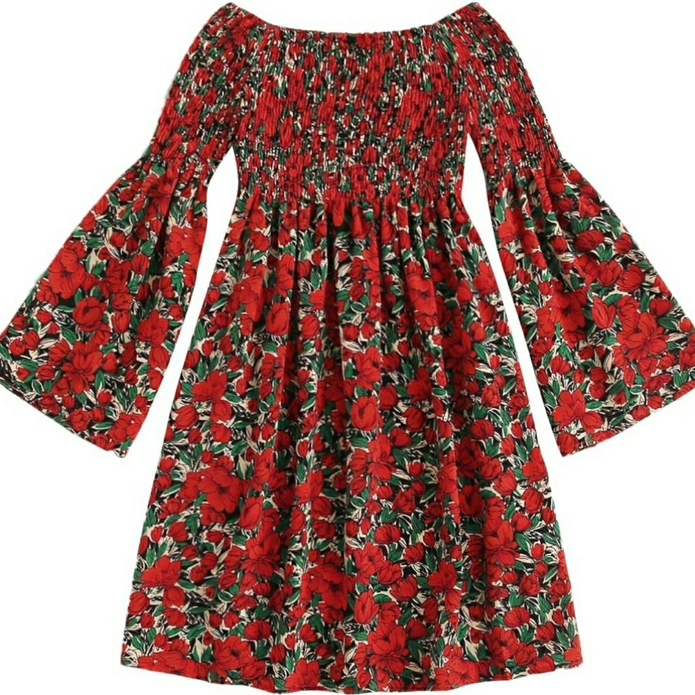 Romwe Women's Casual Floral Print Off Shoulder Trumpet Sleeve Swing Dress Red Xl